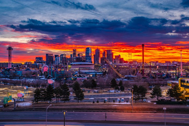 Colorful Sunrise Over Downtown Denver Skyline in Colorado
