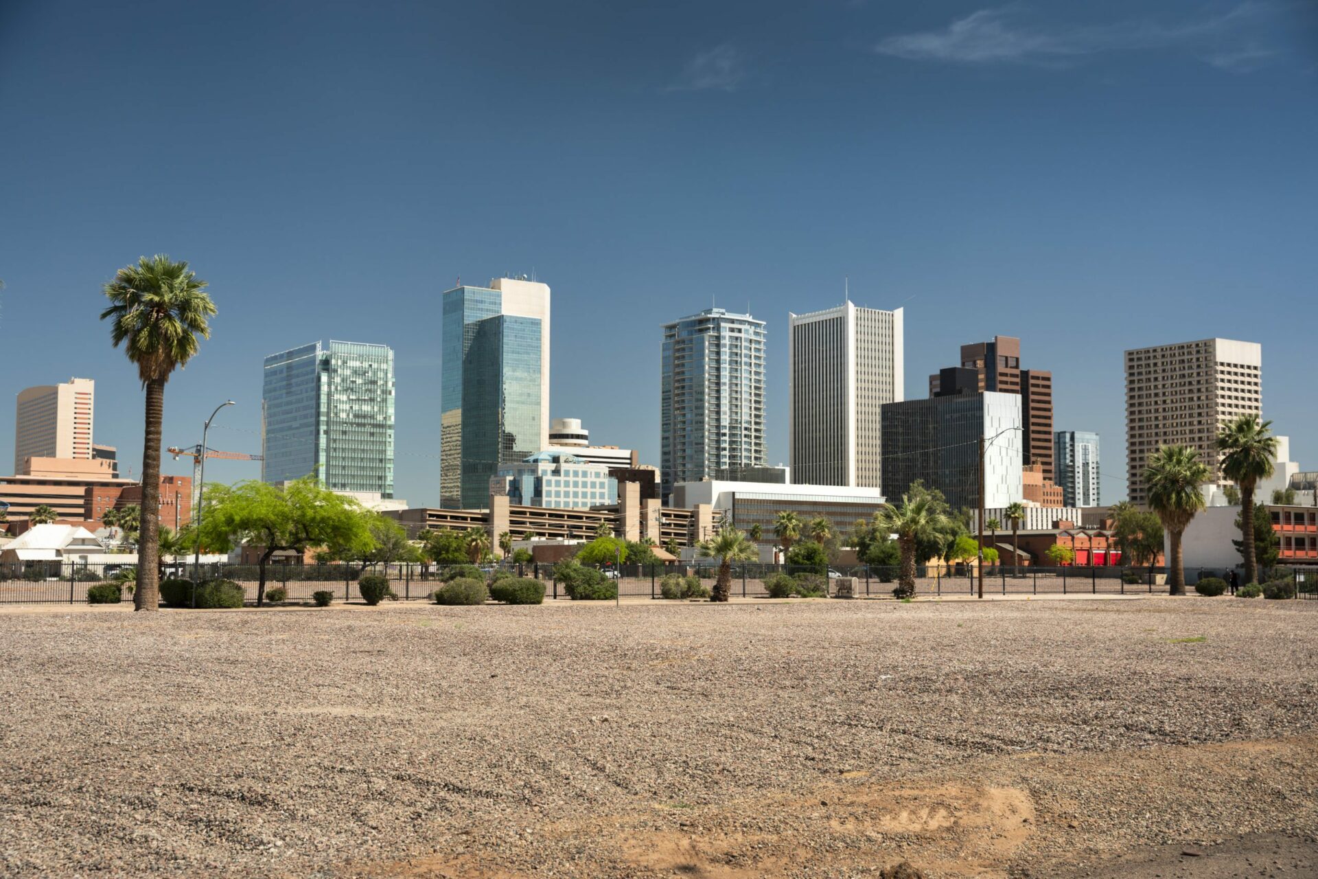 Cityscape skyline view of office buildings and apartment condominiums in downtown Phoenix Arizona USA