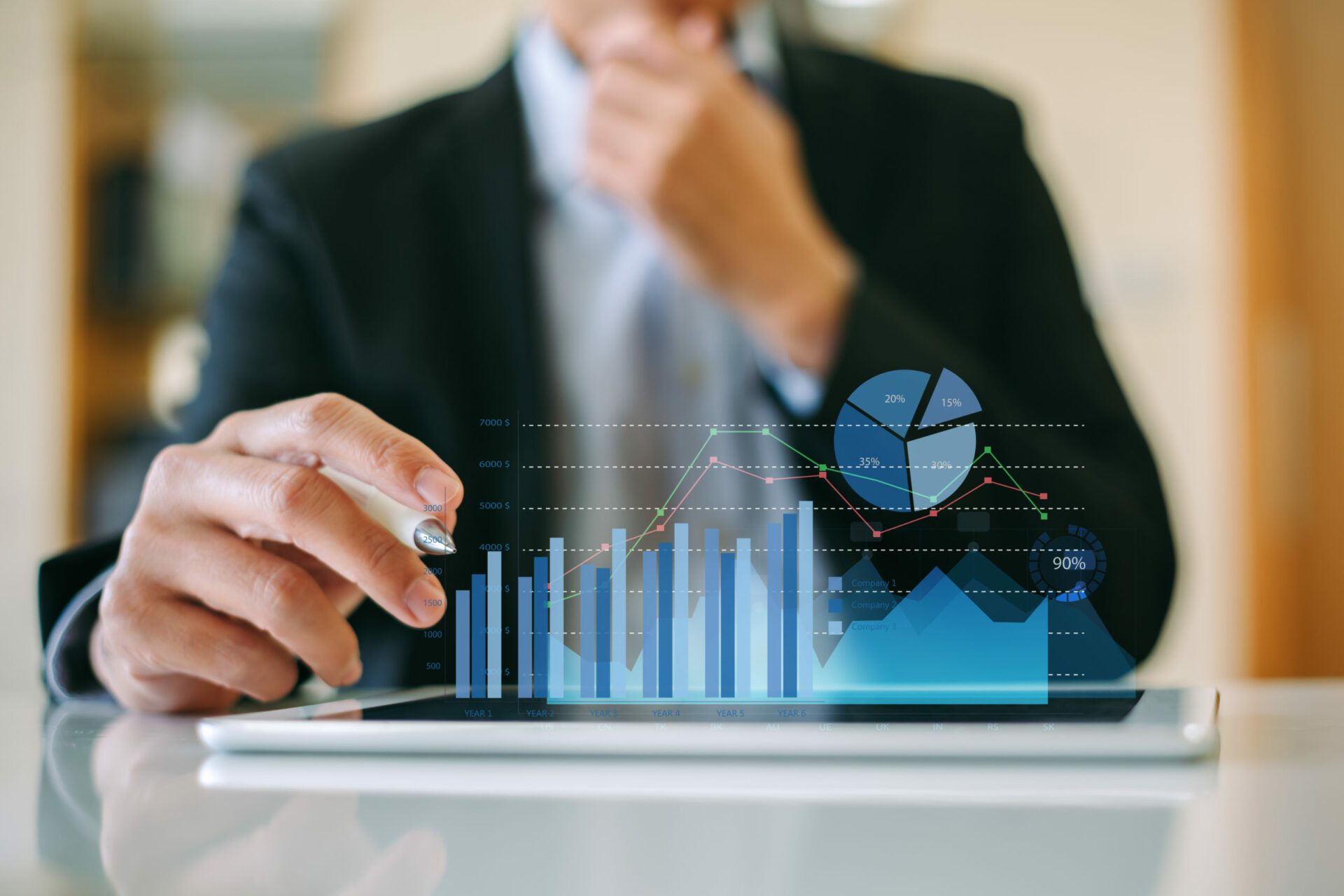 businessman investment consultant analyzing company financial report balance sheet statement working with digital graphs. Concept picture for stock market, office, tax,and project. 3D illustration.