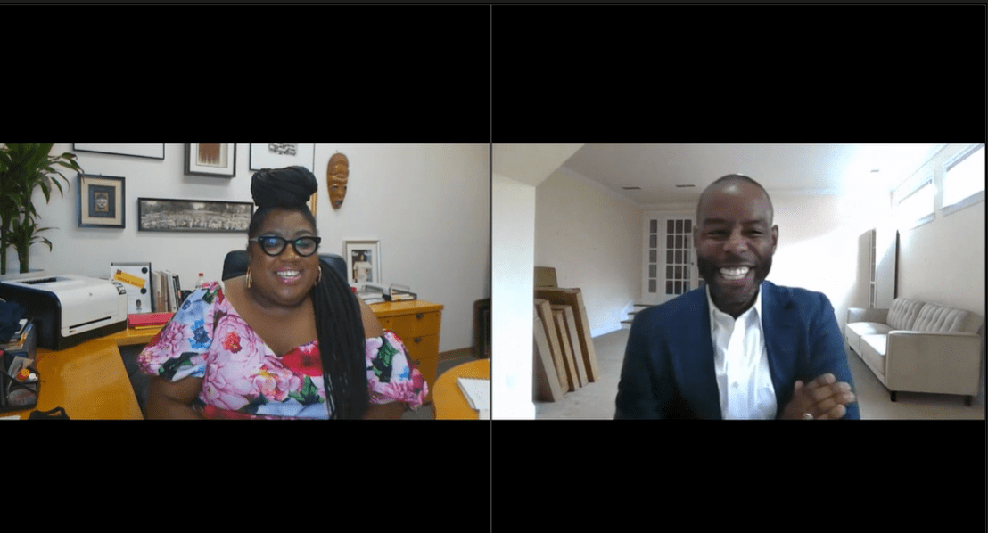 Image of woman and man speaking on video chat. On the left hand side is DeJuana Thompson, President and CEO of Birmingham Civil Rights Institute. On the right hand side is Justin Tanner, a Director of External Affairs for Verizon.