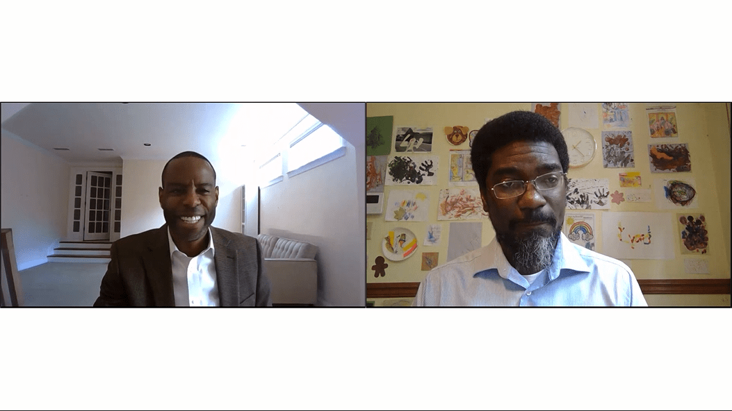 Image of two men speaking on video chat. On the left hand side is Justin Tanner, Director of External Affairs, South East Region, for Verizon. On the right hand side is Lyord Watson Jr., CEO and Founder of The Penny Foundation.