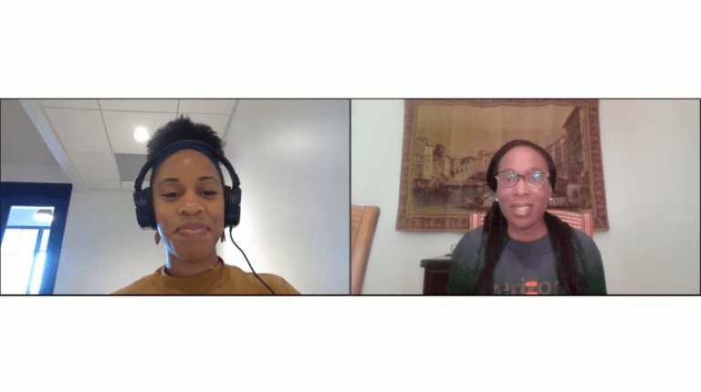 Image of two African American women speaking on a video chat. On the left hand side is Kristina Smith-Newton, Founder & President, Hope for Youth, Inc.. On the right hand side is Michelle Arrington of Verizon.