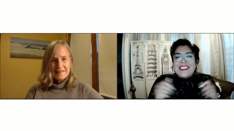 Image of two women speaking on video chat. The woman on the left is Adriana Dawson, Director of Community Engagement at Verizon. The woman on the right is Deborah Perry, President & CEO of YWCA Rhode Island.